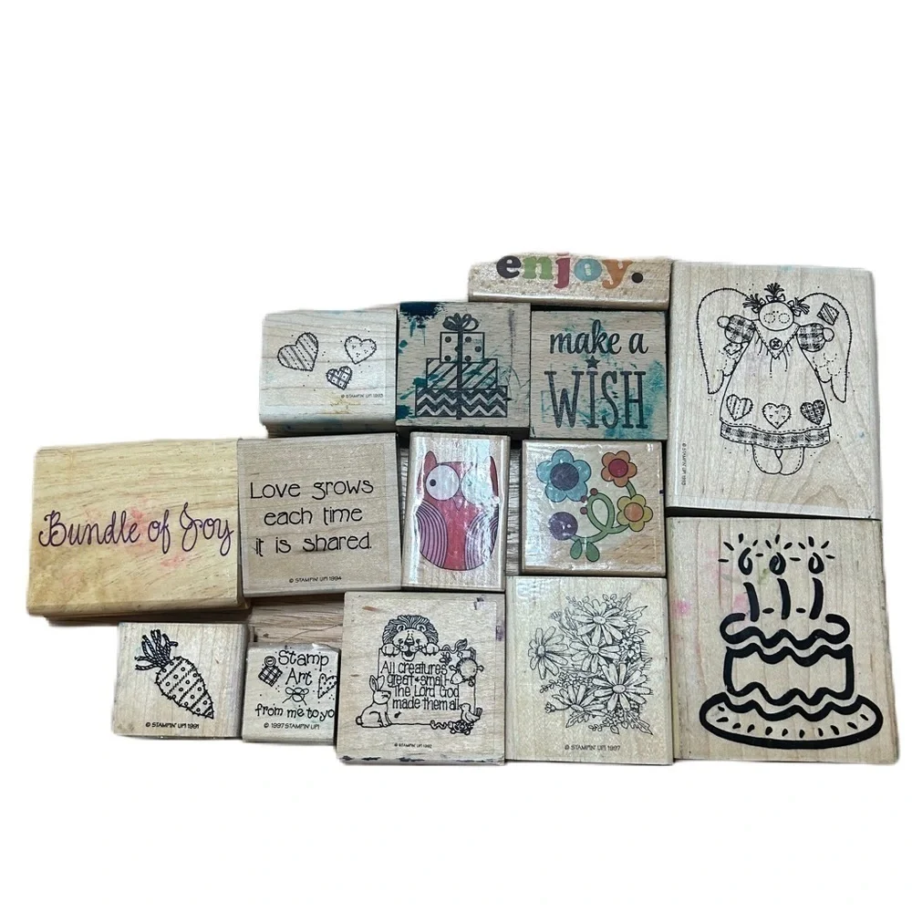 Vintage Rubber Stamp Bundle Lot Wooden Birthday Baby Wish Flowers Kitschy Owl